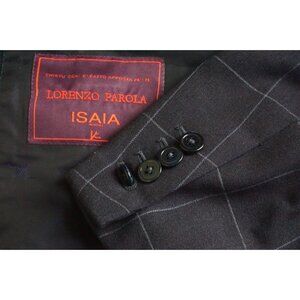 Isaia Napoli 130s Ply Wool Navy Blue Windowpane Sport Coat Jacket 56R NEW